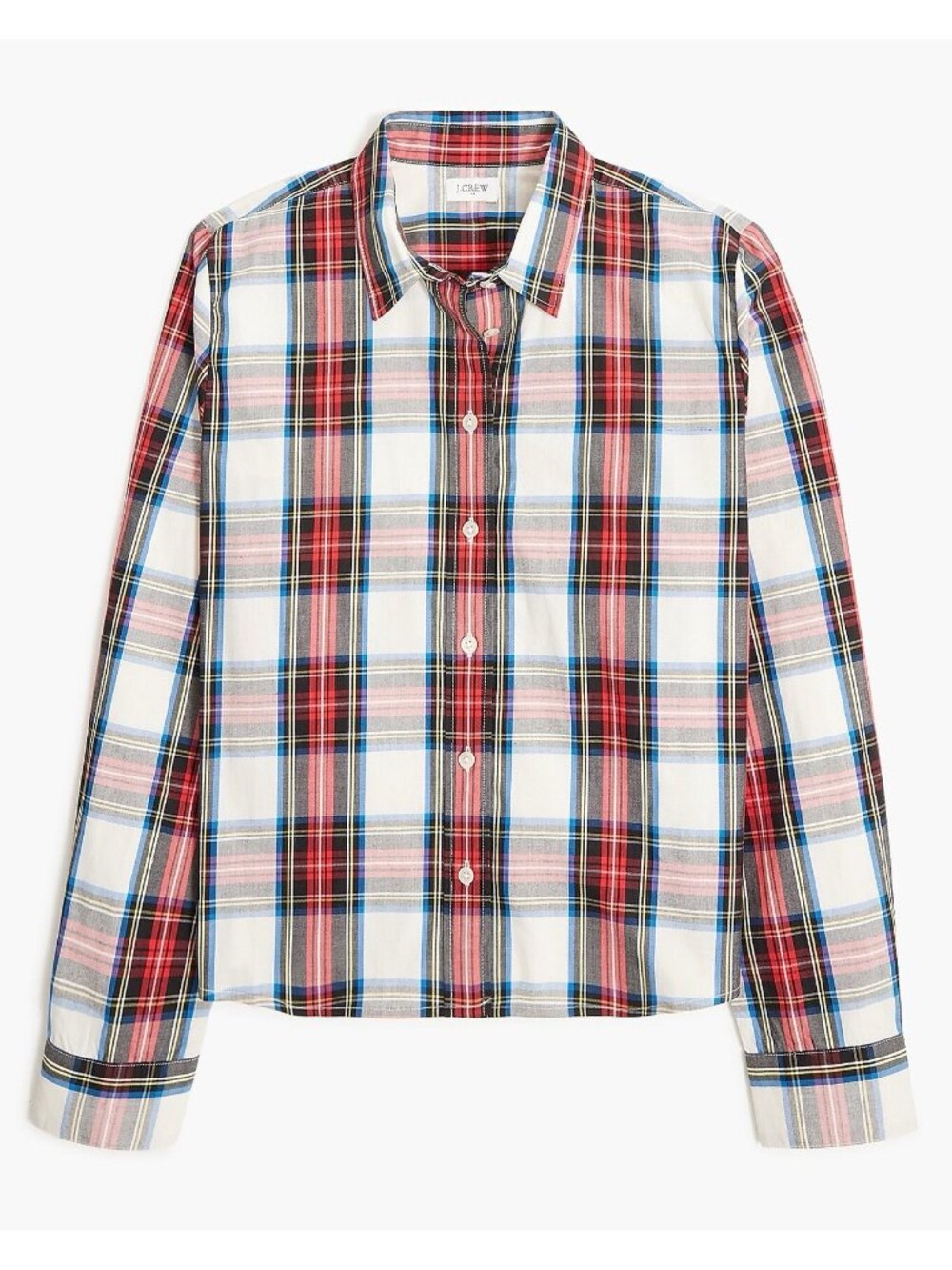J. Crew Women’s L Tartan Plaid Modern Button Up Academia Crop Red White Preppy